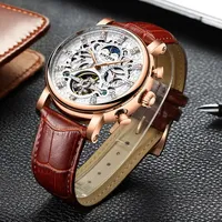 Montres mécaniques automatiques KINYUED J026, cadran blanc, diamants, bracelet en cuir véritable, squelette, phase de lune, montre pour homme