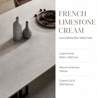 Nouvelle dalle de pierre frittée beige mate en pierre calcaire française, finition veinée marbre blanc, pour comptoir, mur, projet hôtelier