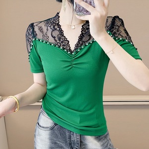 Nueva <span class=keywords><strong>Camiseta</strong></span> <span class=keywords><strong>de</strong></span> Diseño Moderno con Cuello Redondo y Cuentas, <span class=keywords><strong>de</strong></span> Color Sólido y Manga Corta para <span class=keywords><strong>Mujer</strong></span> - Product Image 6
