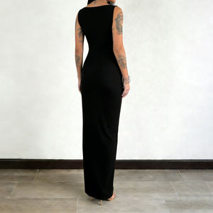 Robe maxi moulante sans manches, écologique, taille naturelle, élégante, col en V profond, couleur unie, extensible - Product Image 2