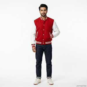 Chaqueta Universitaria Estilosa para Hombre en Rojo y Negro, Hecha de Lana, con Cuello Alto y Logotipo Frontal, Talla XL - Product Image 1