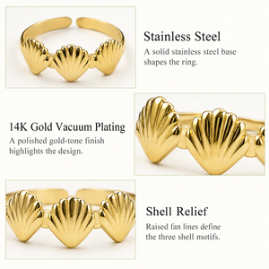 Shell Motif Stainless Steel Adjustable <b>Ring</b> 14K Gold Vacuum Plated Open Band Gold and Silver Colors - Product Image 3
