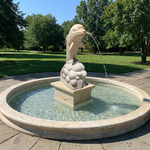 Fuente de estatua de delfín de mármol rosa puesta de sol tallada a mano para paisajes exteriores - Product Image 1