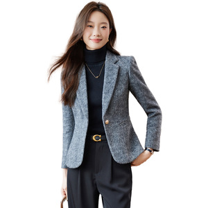 Women's Wool Blazer Gray Suit Solid Color No-Wrinkle Treatment Petite Short Style Versatile Top - Product Image 5