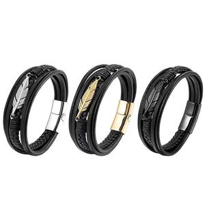 Pulsera de Cuero Trenzado de Acero Inoxidable Personalizada al por Mayor de Fábrica, Pulsera de Cuero Hecha a Mano para Hombre, Estilo Pluma Metálica - Product Image 4
