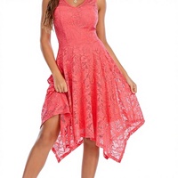 Robe de cocktail asymétrique en dentelle semi-formelle pour femme Meetjen, taille empire, pour mariage, été, longueur genou, col en V, corail, 3XL