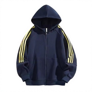 Wholesale Men Oversized Zip-Up Hoodie French Terry Hooded Sweatshirt with Striped Sleeves Casual Autumn Sportswear - Product Image 3