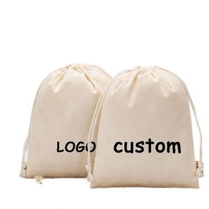 Sacs à cordon en coton pur avec logo personnalisé, 7x9cm, 5oz GSM, pochette en mousseline naturelle, sac à bijoux recyclable pour cadeau, artisanat, thé, bonbons - Product Image 1
