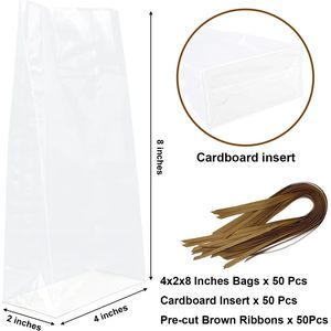 50 Pcs 4x2x8 Inch Gusseted Cellophane <b>Bags</b> With Ribbon <b>For</b> Smores And <b>Cupcakes</b> - Product Image 2