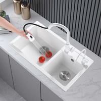 Évier de cuisine double à deux trous en granit quartz moderne à encastrer avec robinet, blanc, épaisseur 3,0-5,0 mm, garantie 1 an