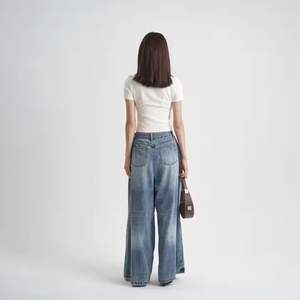 Women's Casual Wide High Waist Flare Pants Single Button Branded Colored <b>Denim</b> Breathable Solid Pockets Bow-New Design Wholesale - Product Image 4