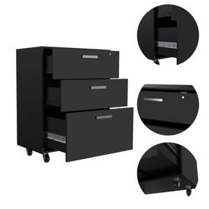 Gabinete de base de cajón superior DB Superior con cuatro ruedas negras Organizador de almacenamiento de tres cajones negros - Product Image 3