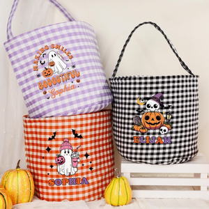Personalizado Halloween Gingham Decoración Candy Basket Tote Plaid Cubo Bolso de lona para niños Trick Treat Party Regalos de Halloween - Product Image 2