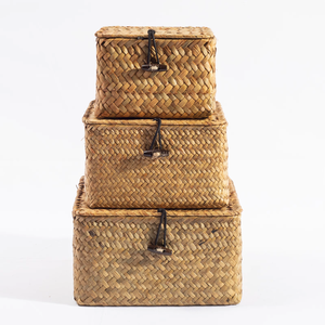 Natural Seagrass Woven <strong>Square</strong> <strong>Storage</strong> <strong>Basket</strong> Lid Handmade Multifunctional Gift <strong>Basket</strong> Small Item Packaging Box Home Organization - Product Image 2