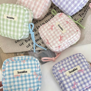 <b>Mini</b> Plaid Quilted Makeup <b>Bag</b> Portable Zipper Cosmetic Organizer for Women Daily Use OEM Service - Product Image 1