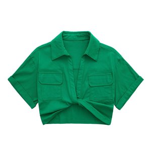 T-Shirt a maniche corte in cotone pieghettato comoda all'ingrosso 9779 tinta unita con spalline sottili da <span class=keywords><strong>donna</strong></span> <span class=keywords><strong>camicia</strong></span> a maniche corte con tasche - Product Image 5