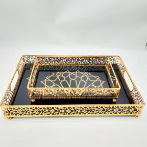 التصميم الحديث مستديرة أو مستطيل إطار مرآة معدنية الزجاج الغرور صينية تقديم أسود مطبوعة مرآة الفاخرة صينية ديكور