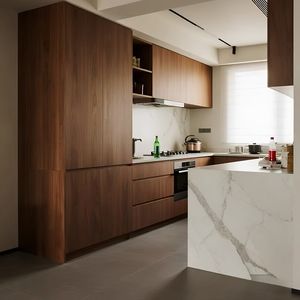 Gabinetes de Cocina Modernos en Forma de L, Bicolor <span class=keywords><strong>Blanco</strong></span> y Madera Veteada, Juego de Gabinetes de Cocina Modulares de Madera, Personalizados - Product Image 6