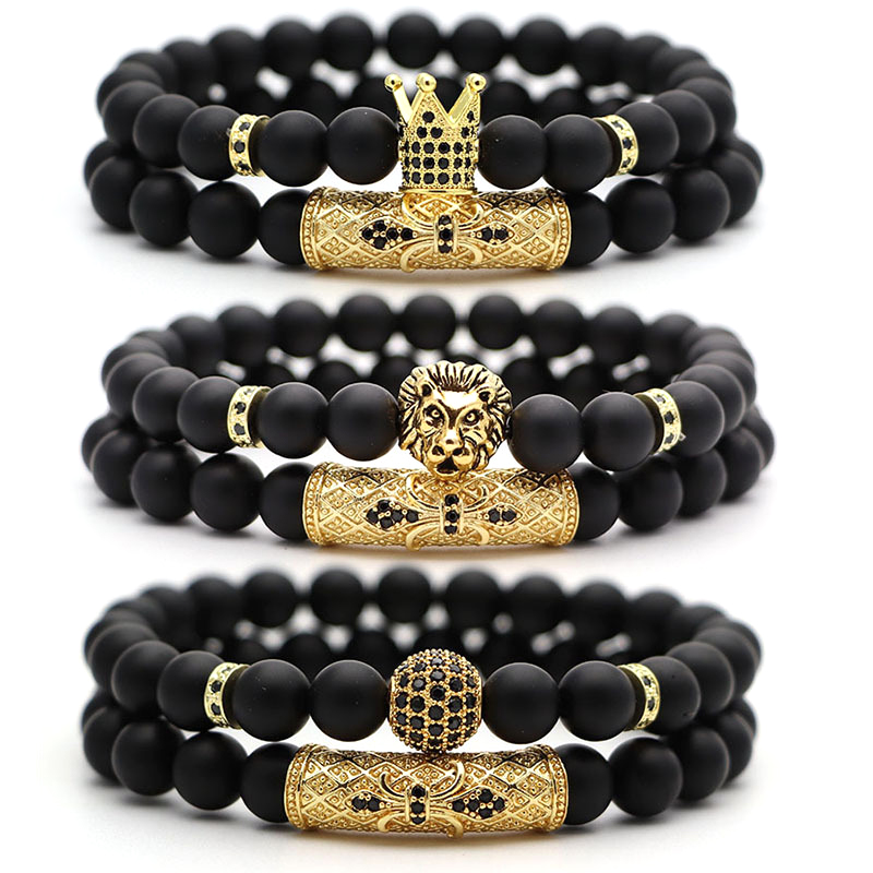 Matte Black Onyx Stone Micro Pave Cubic Zirconia Imperial Crown And Lion Head Bead Bracelet Homme For Men