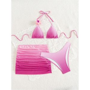 Conjunto de bikini de 3 piezas para mujer FOXA, top halter con falda de playa con diseño floral, traje de baño de corte alto, elástico, de spandex y nailon - Product Image 3