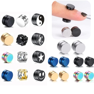 Boucles d'oreilles magnétiques tendance en acier inoxydable et zircon pour enfants et hommes, bijoux de corps sans perçage pour fête et cadeau - Product Image 2