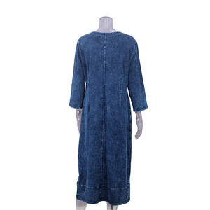 talla grande azul a cuadros Falda de tubo de tela vaquera suelta cuello redondo encaje hasta tres cuartos vestido largo - Product Image 5