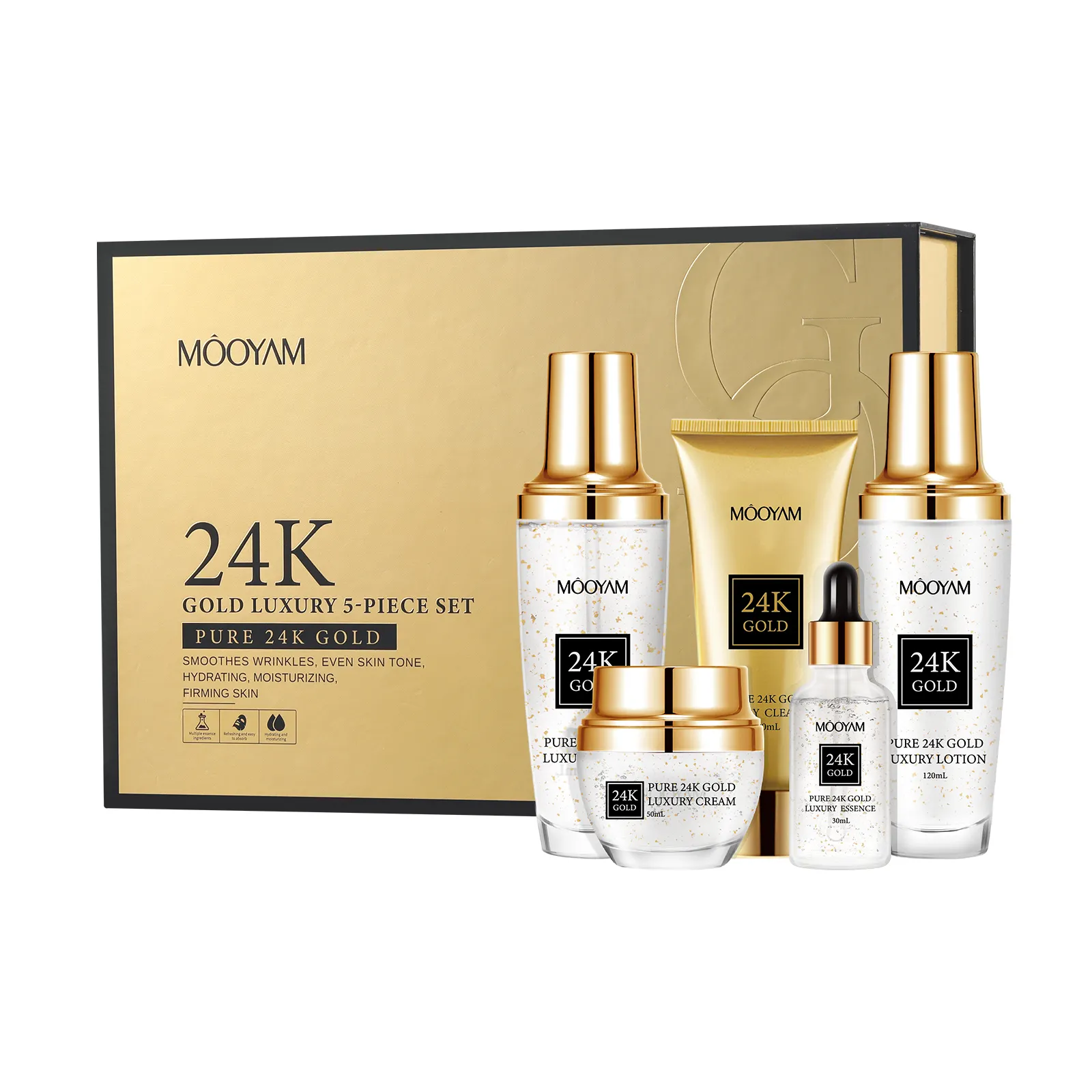 24K Gold Luxury 5-Piece Set Toner Cleanser Essence Cream Lotion Hydrating Moisturizing Firming Skin MOOYAM Skin Care Set