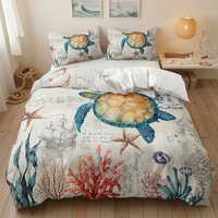 Housse de couette moderne rétro à motif de tortue de dessin animé, motif animal, imprimé en 3D, écologique, avec fond de bateau à voile de corail sous-marin, ensemble de literie