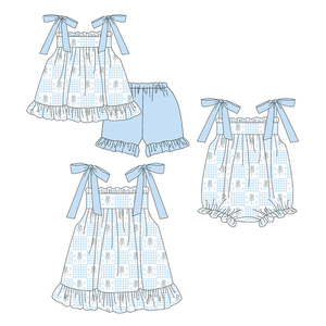 Précommande MOQ 5 – Nouveauté : Vêtements d'été pour bébés filles, motif petites fleurs bleues, style vacances, en coton biologique doux – Collection Trendyism Boutique - Product Image 5