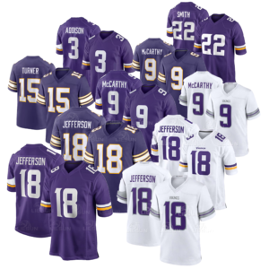Pantalones Cortos Deportivos para Hombre, Tallas Grandes, con Costuras Reforzadas, de los Minnesota Vikings, con los Números 9 de J.J. McCarthy, 18 de Justin Jefferson, 3 de Addison, 15 de Dallas Turner y 22 de Smith, Venta al Por Mayor - Product Image 1