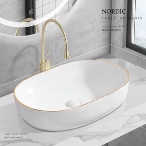Lavabo de comptoir en céramique monobloc de style nordique moderne de luxe à bord doré, design créatif, petit format - Product Image 6