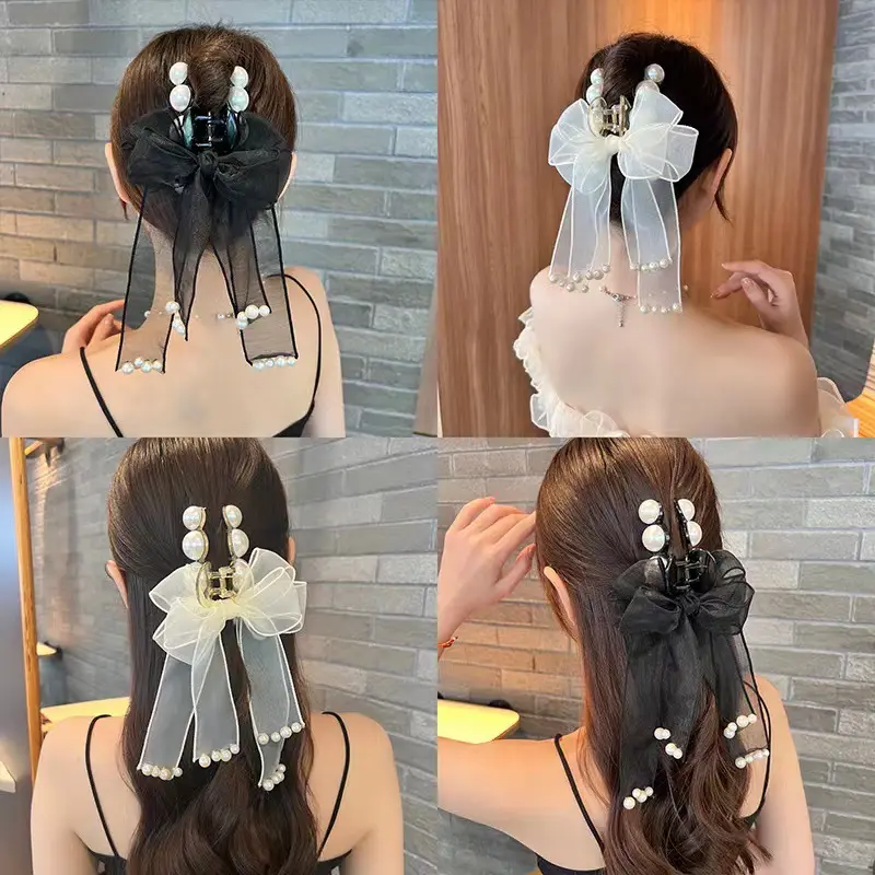 Romantic organza pearl tassel fashion hair claws women bow knot hair clamps clip