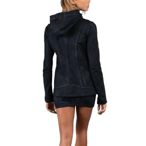 Femmes rétro Vintage décontracté solide à capuche veste <span class=keywords><strong>noir</strong></span> ciré fermeture éclair Long manteau d'hiver automne automne délavé à l'acide - Product Image 4