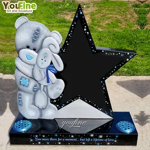 Hand Carved Cartoon Design Modern Granite Teddy Bear Star Headstones for Children