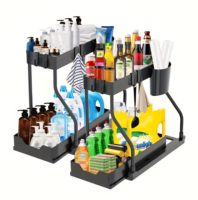 Rak Penyimpanan Dapur Multifungsi 2 Tingkat di Bawah Wastafel, Rak Meja, Wadah Penyimpanan, Gantungan Cangkir