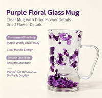 Mug isotherme Wuso à double paroi en verre borosilicate, avec poignée, violet, orné de fleurs séchées d'hortensia et de gypsophile, 280 ml