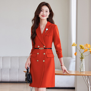 Red Sheath Suit Dress With Buttons Notched Neckline Professional Career Dress For Women Solid Color Polyester Fabric - Product Image 1