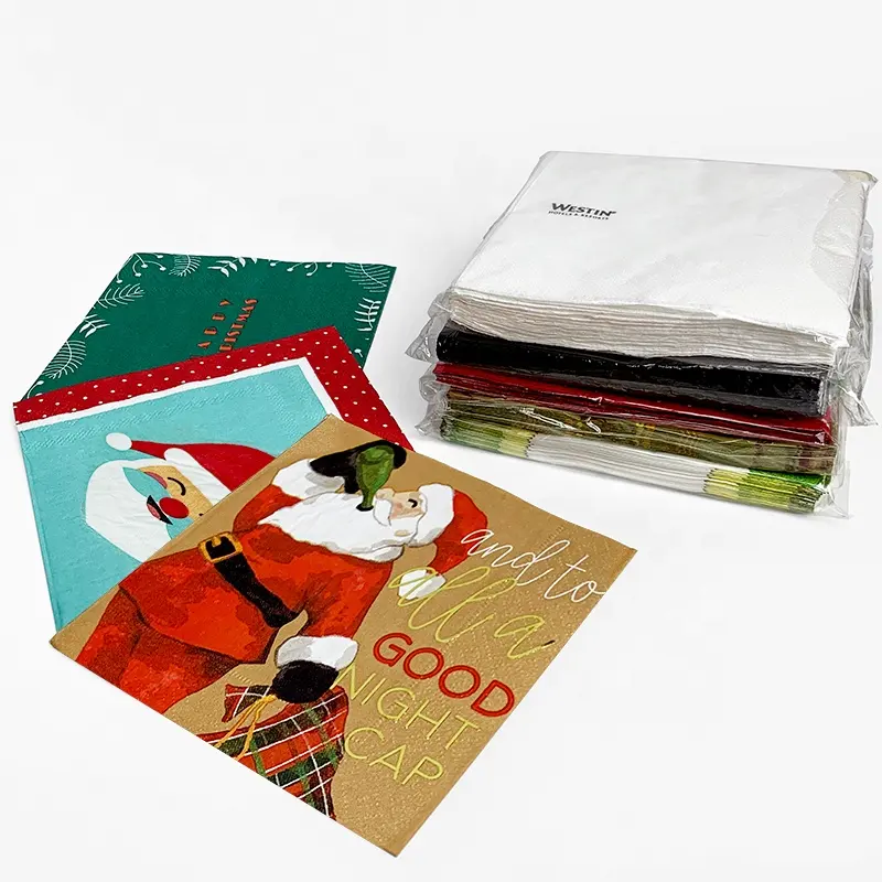 ألياف الخيزران قماش مخطط أبيض وأسود الوردي عيد الميلاد ورقة الزخرفية لمطعم المناديل شعار مخصص BarCocktail 3 رقائق المناديل