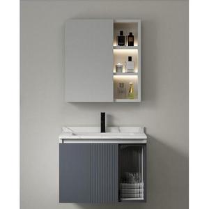 Meuble de salle de bain mural gris CR 100 cm avec plan de travail en dalle, lavabo intégré et armoire de rangement moderne - Product Image 2