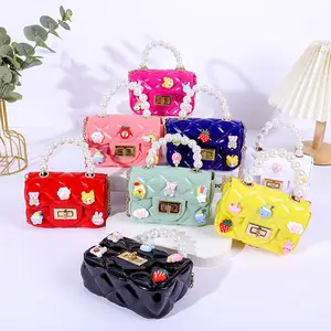 Cute Mini Silicone Kids Crossbody Bag Long Chain Pearl Handbag With Carton Decoration For Children Portable Storage Coin Purse