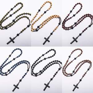 패션 Hemu 나무 구슬 적철광 십자가 종교 여성의 목걸이 펜던트 긴 묵주 목걸이 - Product Image 1