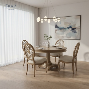 Mesa de Comedor Redonda Colonial EKAR con Incrustaciones de Madera de Burl y Pedestal Acanalado - Product Image 5