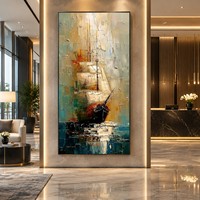 Peinture murale sur toile acrylique abstraite dorée peinte à la main, paysage marin avec voilier, peinture texturée 3D pour la décoration du salon, du bureau ou de l'hôtel