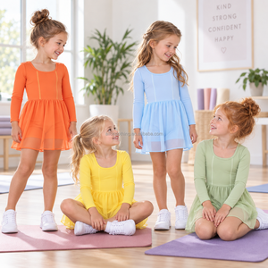 Vestido Casual de Una Pieza para Niñas, Tela de Yoga, Manga Larga, Cuello Redondo, Cintura Fruncida, Falda Línea A, para el Hogar y Juegos al Aire Libre - Product Image 4