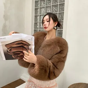 Brown Fur Coat Candy Color Hood Corp Fur Jacket Cheap Wholesale Custom Logo Faux Fur Jacket