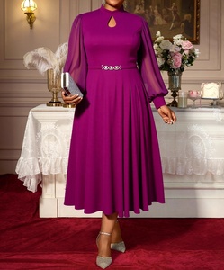 Vestidos de Noche Formales de Talla Grande para Mujer, Casuales, con Cuello Alto, Manga Farol de Gasa, con Cinturón de Pedrería - Product Image 1