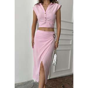 Elegant <b>Powder</b> Pink Linen Shirt And Skirt Set For Women Short Sleeve Breathable <b>Style</b> - Product Image 3