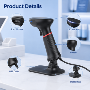 เครื่องสแกนบาร์โค้ด 2D แบบมือถือ แบบมีสาย USB สีดำ เครื่องสแกนสำหรับการชำระเงินในร้านค้าปลีก พร้อมขาตั้งปรับระดับได้ - Product Image 2