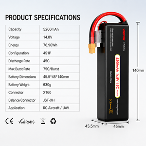 Batterie de drone agricole au lithium-ion rechargeable de haute qualité 5200 mAh 45C, pack de batteries de drone semi-solide avec BMS sur mesure - Product Image 6