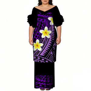Nouvelle tenue Puletasi personnalisée pour femme, imprimé tribal polynésien, épaules dénudées, manches à volants, motif <span class=keywords><strong>tatouage</strong></span> samoan, jupe longue 2 pièces, vacances à la plage - Product Image 3